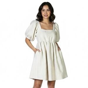 Listicle Textured Puff Sleeve Fit & Flare Dress Womens S Ivory Cottagecore Boho